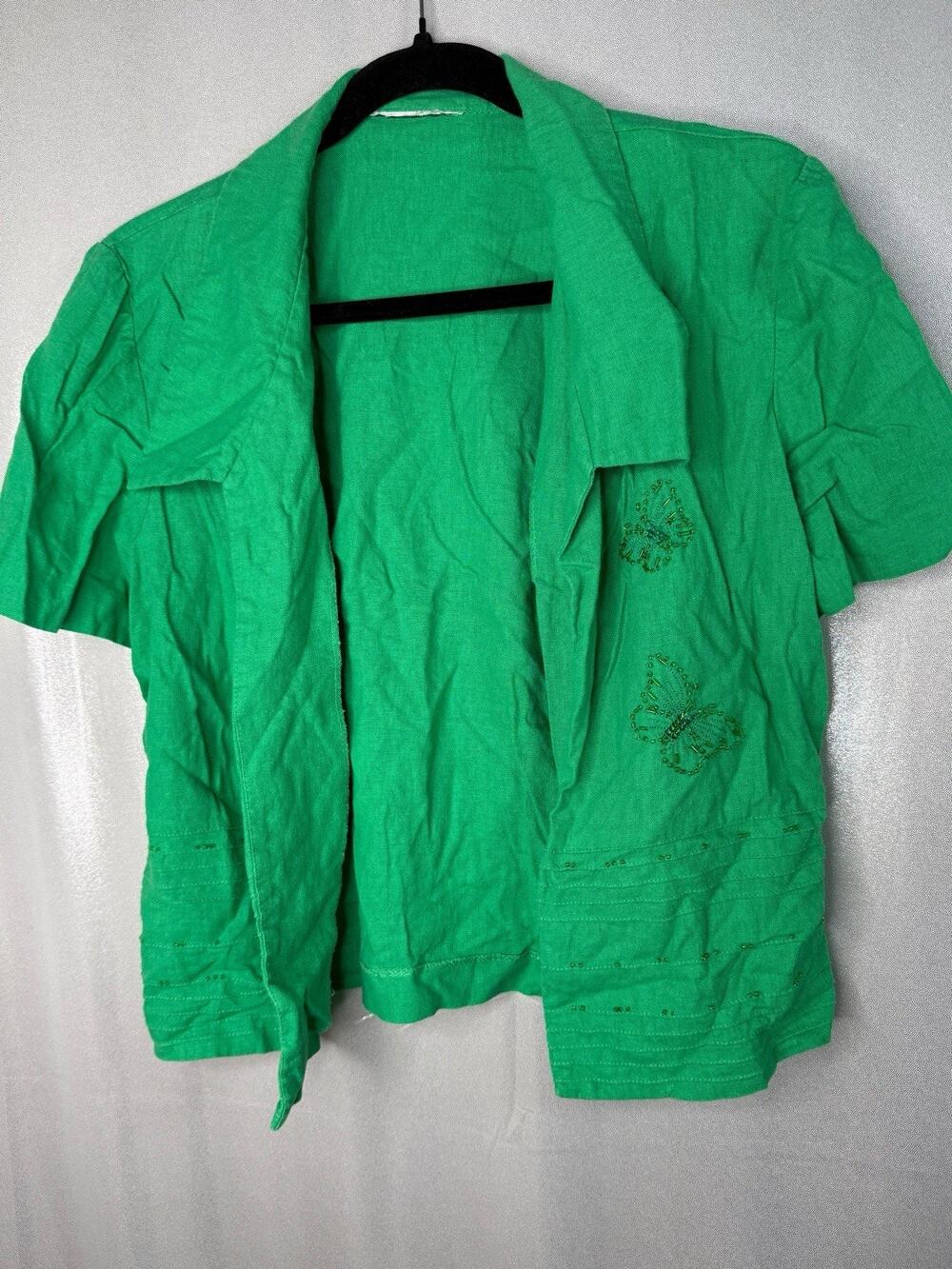 Women’s Green Solid Collared Blouse S Regular Short Sleeve Beaded Embroidery